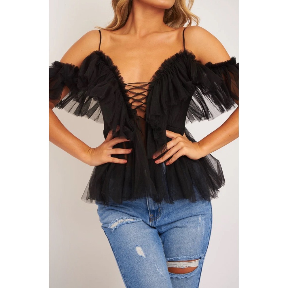 Simplee Black Tulle‎ Ruffle Corset Spaghetti Strap Top LARGE Party Goth Emo NWT